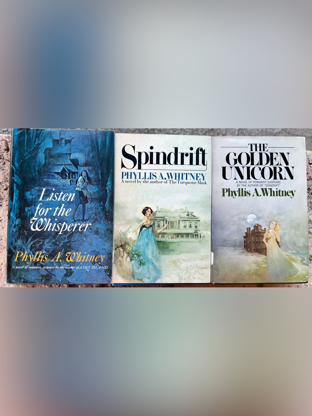 Phyllis A Whitney books: Spindrift, Listen for the whisperer, The Golden Unicorn